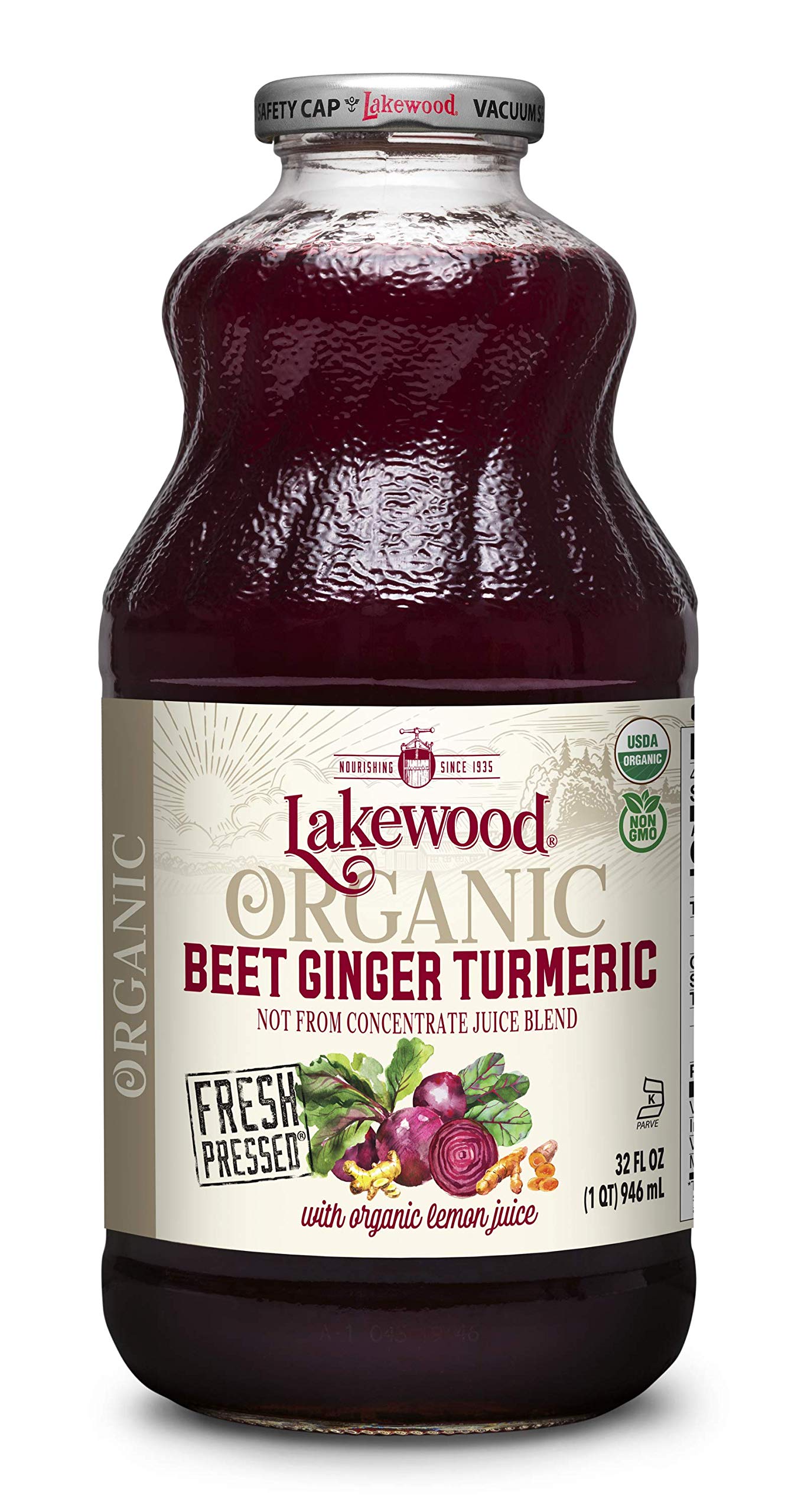 Lakewood Beet Ginger Turmeric bottle pouring, a refreshing, antioxidant-rich moment.
