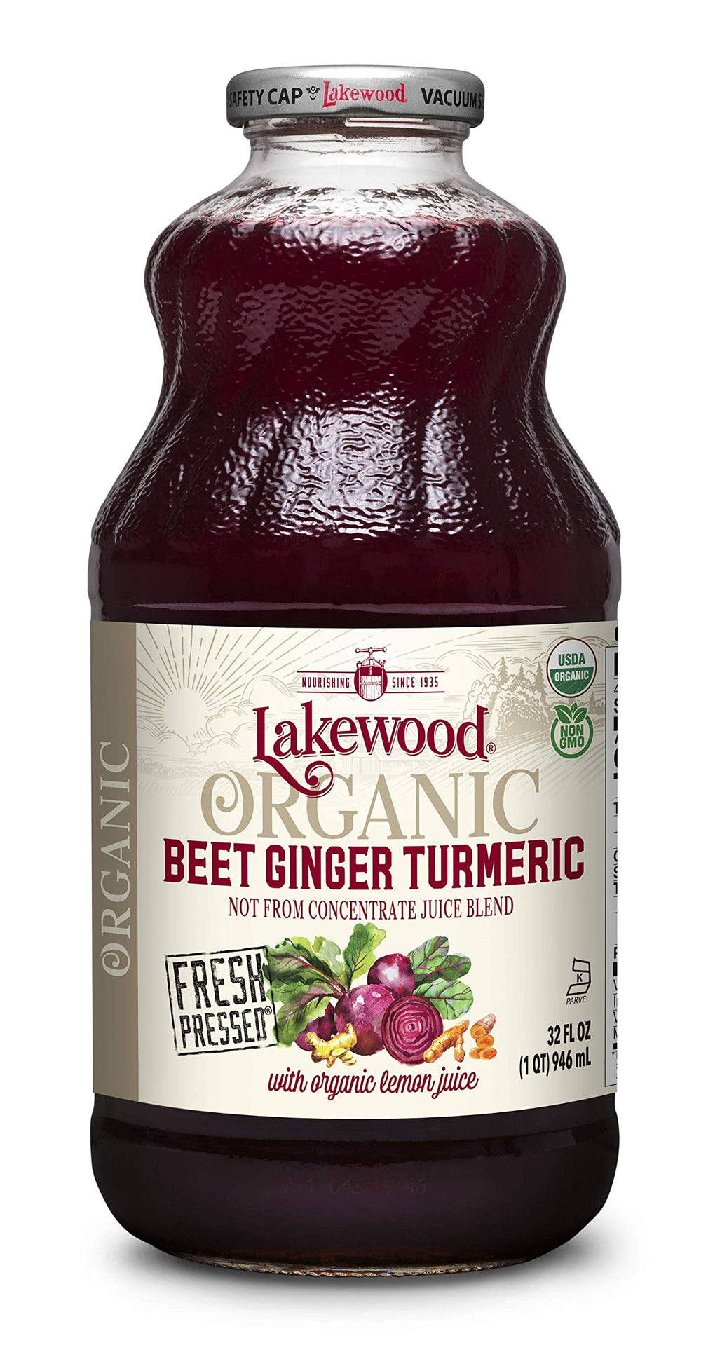 Lakewood Beet Ginger Turmeric bottle pouring, a refreshing, antioxidant-rich moment.