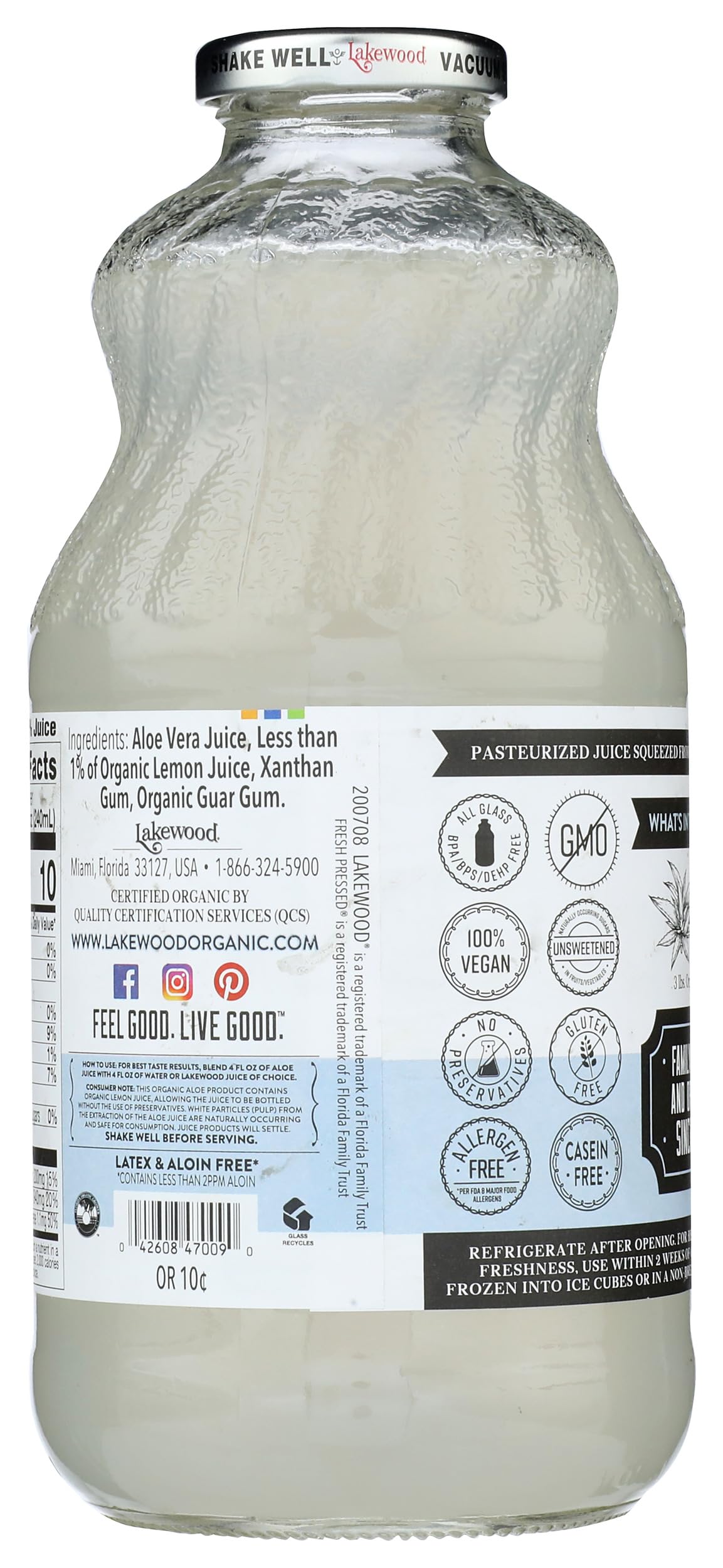 Lakewood bottle front label shows organic, preservative-free attributes