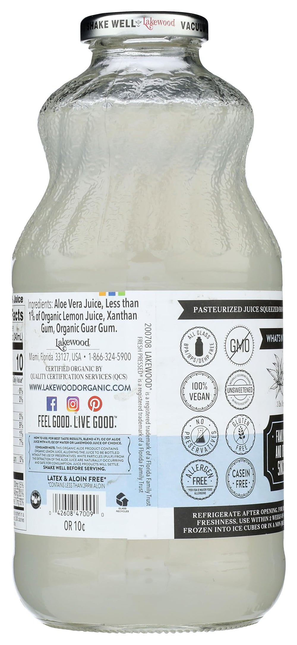 Lakewood bottle front label shows organic, preservative-free attributes