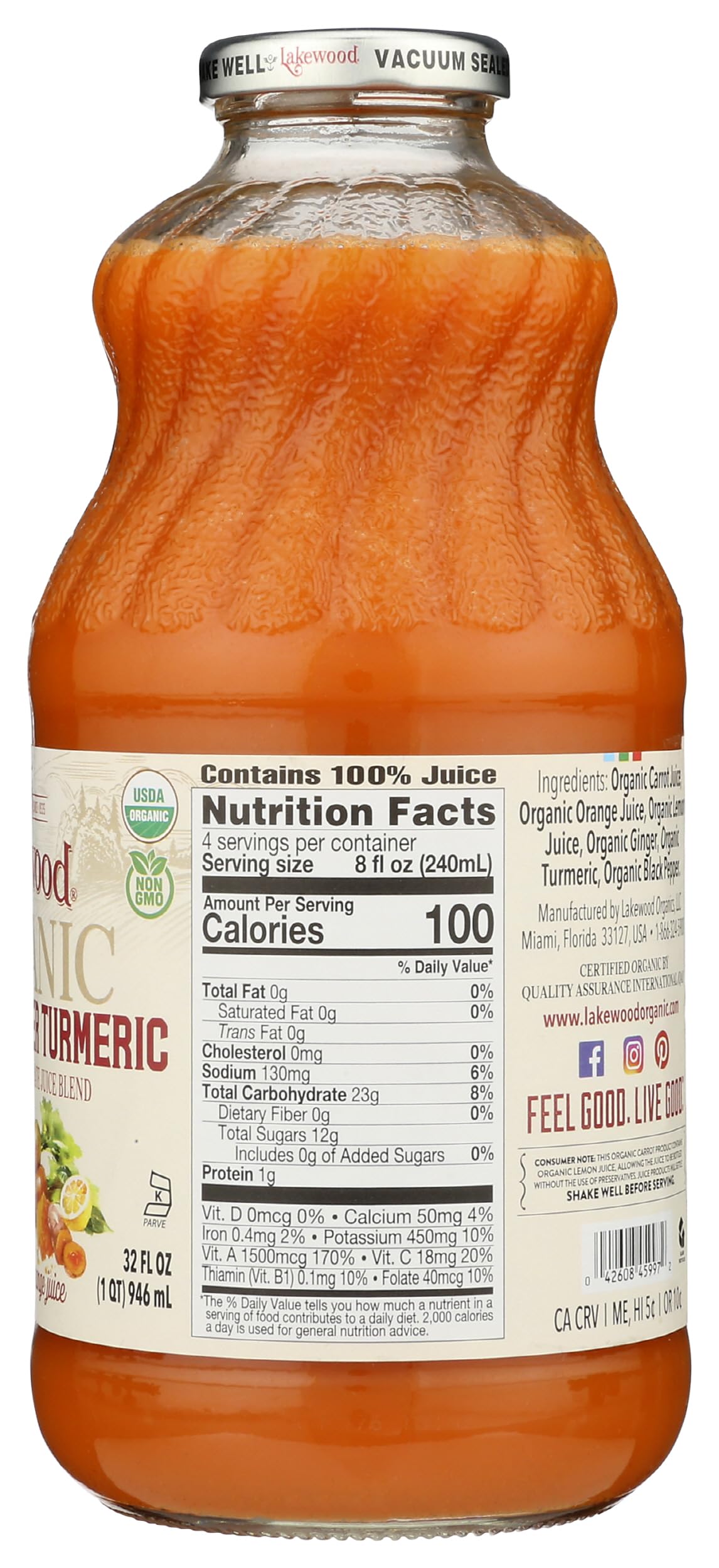 Lakewood carrot-ginger-turmeric juice being poured into a glass with no added sugar.