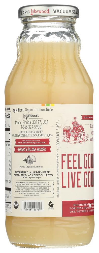 Chilled glass with Lakewood Lemon Pure Organic juice over ice.
