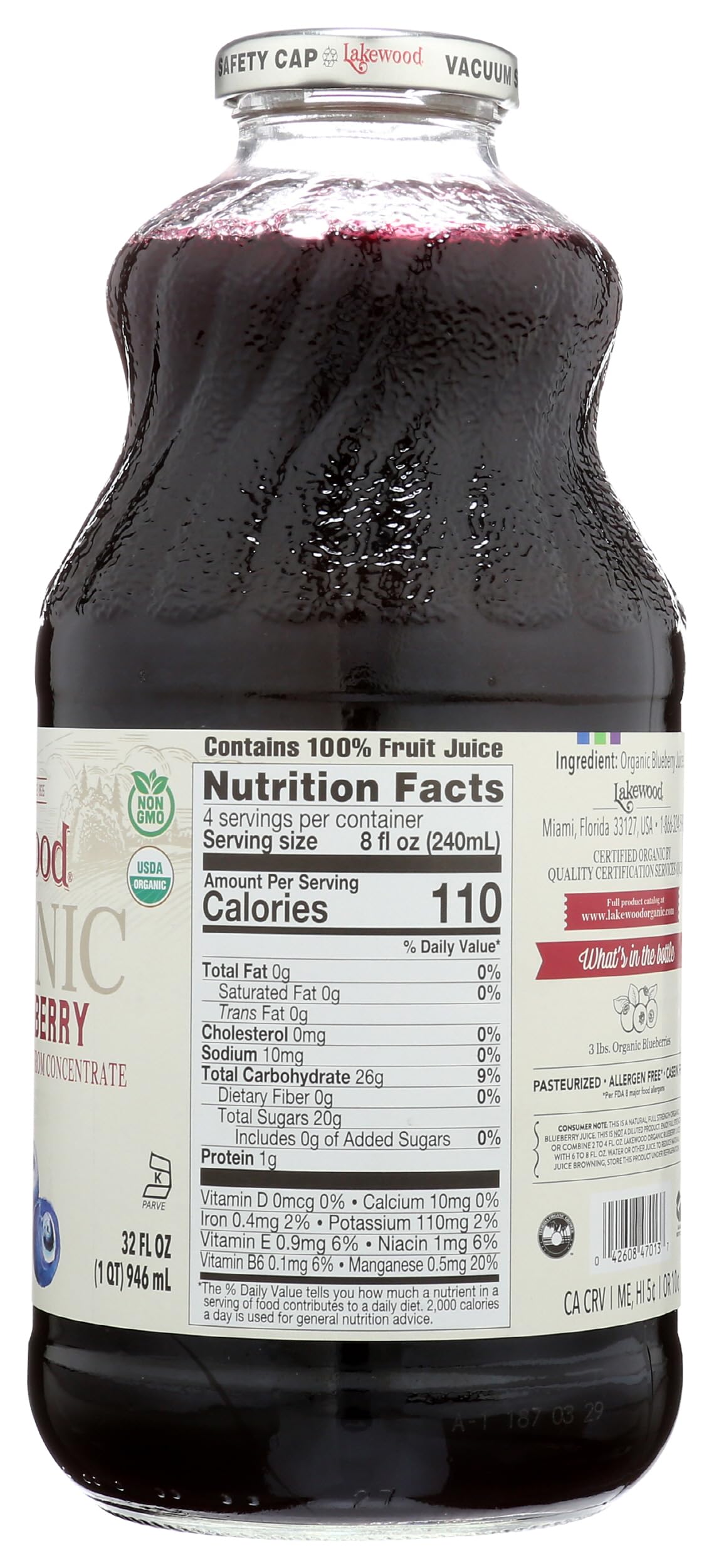 Lakewood Organic Blueberry Juice close-up, clean label for purity.