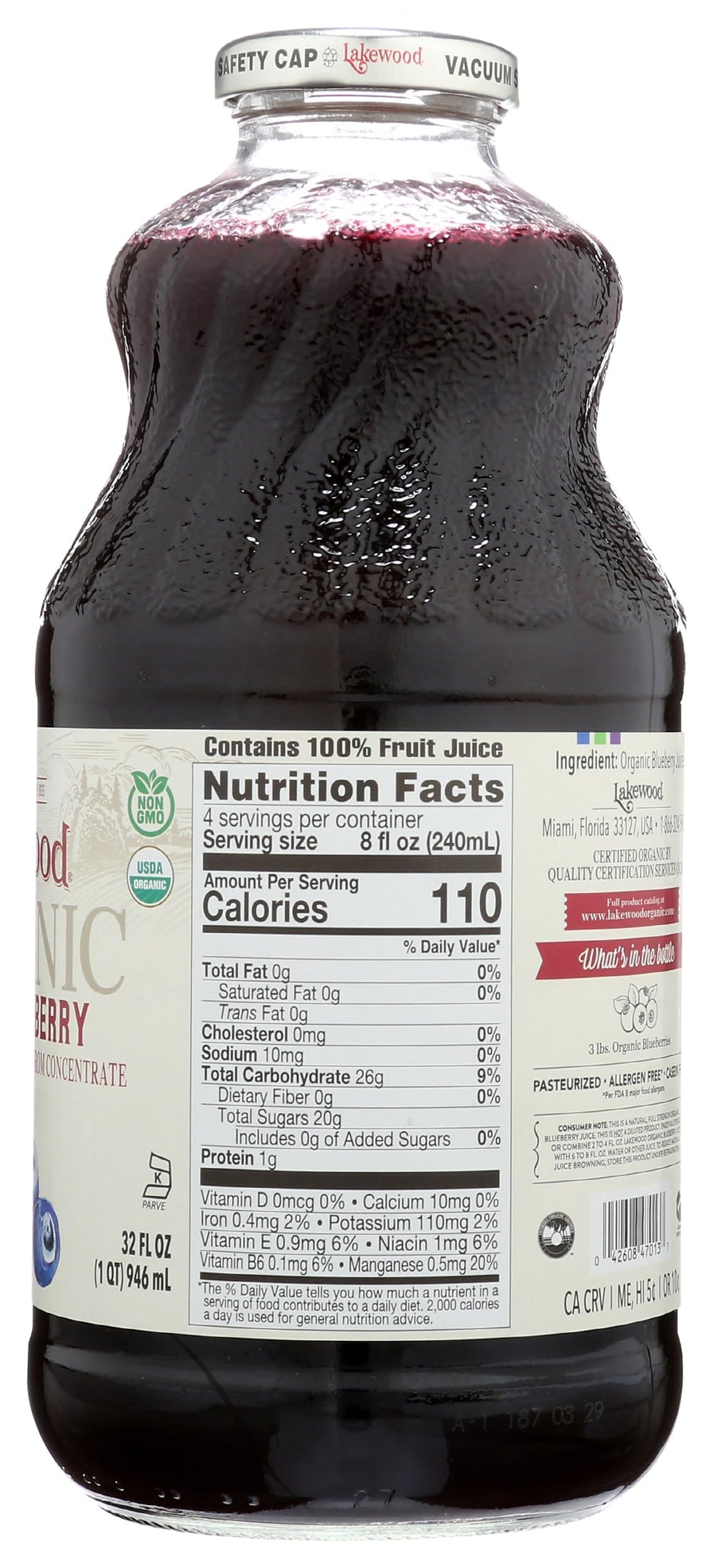 Lakewood Organic Blueberry Juice close-up, clean label for purity.