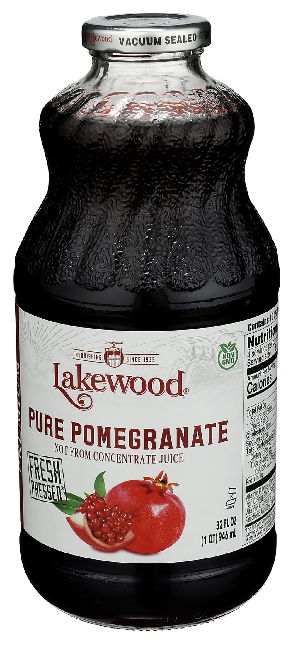 Non-GMO badge on Lakewood Organic Pomegranate Juice packaging for clean ingredients.