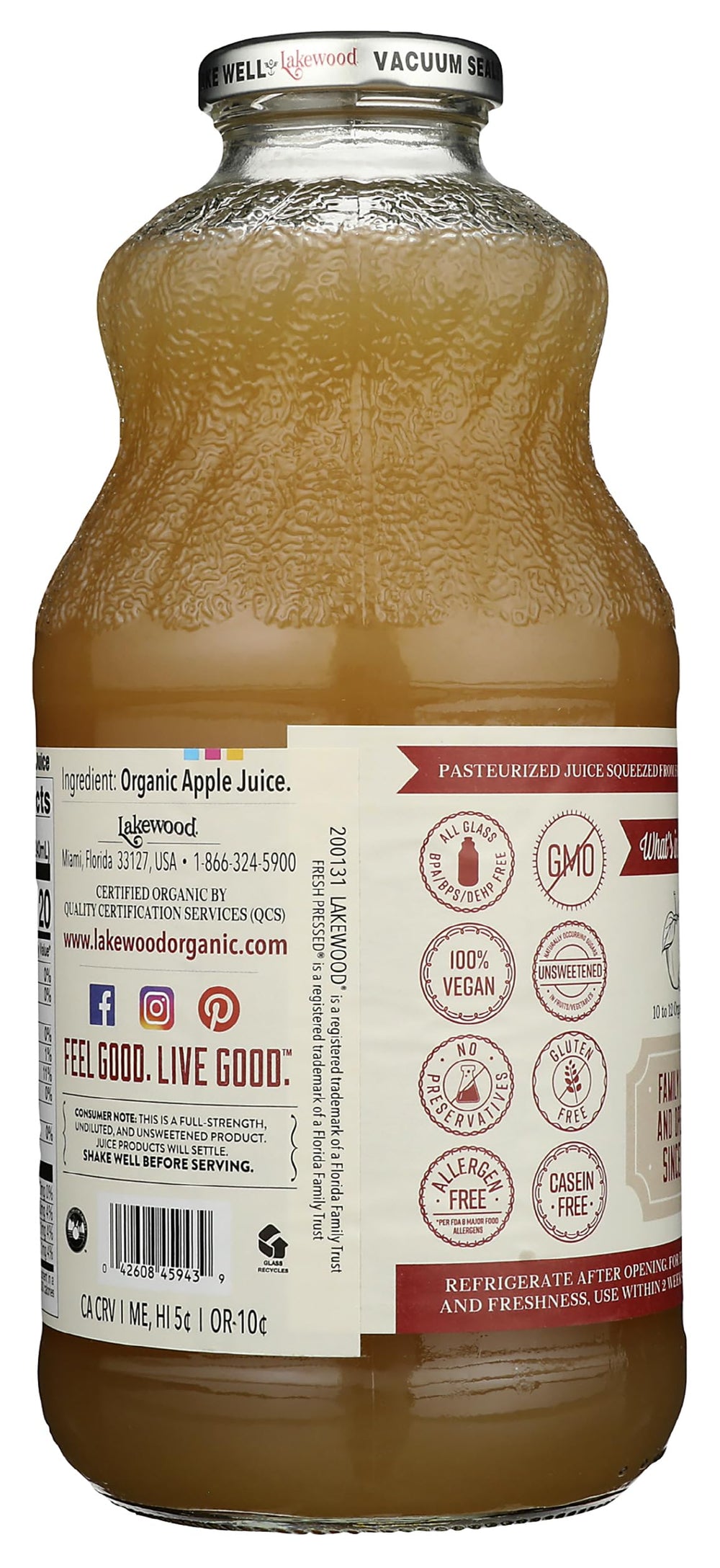 Lakewood Organic Pure Apple Juice being poured into a glass for a refreshing moment.