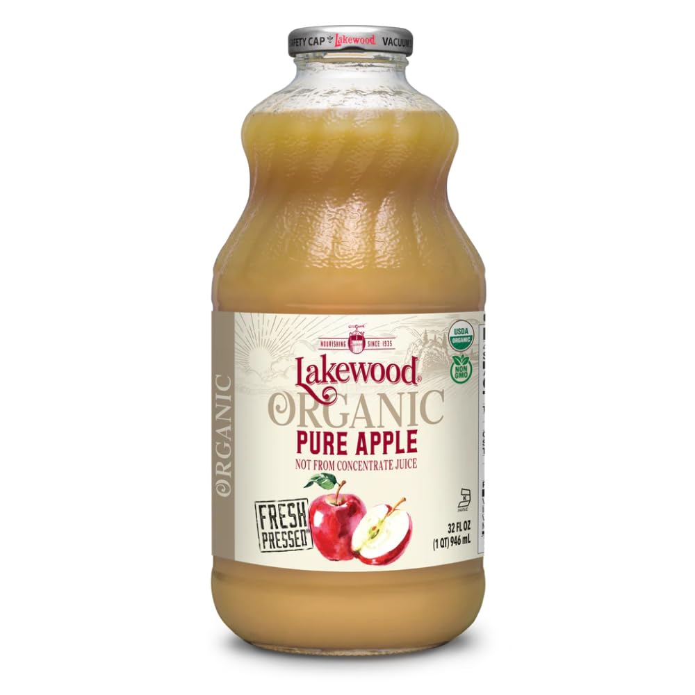 Lakewood Organic Pure Apple Juice 32oz bottle on shelf for daily hydration.