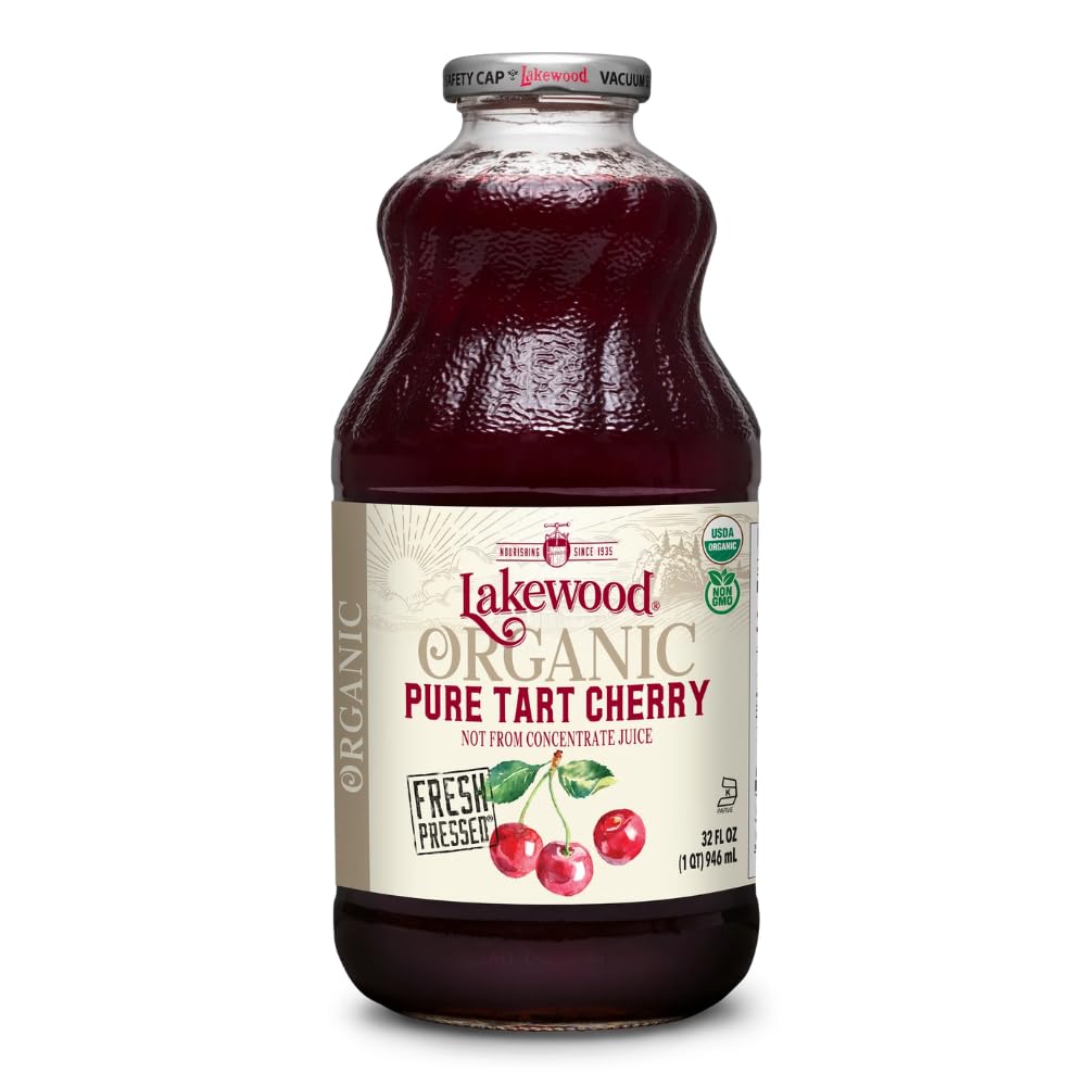 Lakewood Organic Pure Cherry Tart Juice bottle showing 32 oz size for family use.