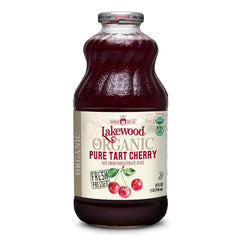Lakewood Organic Pure Cherry Tart Juice bottle showing 32 oz size for family use.