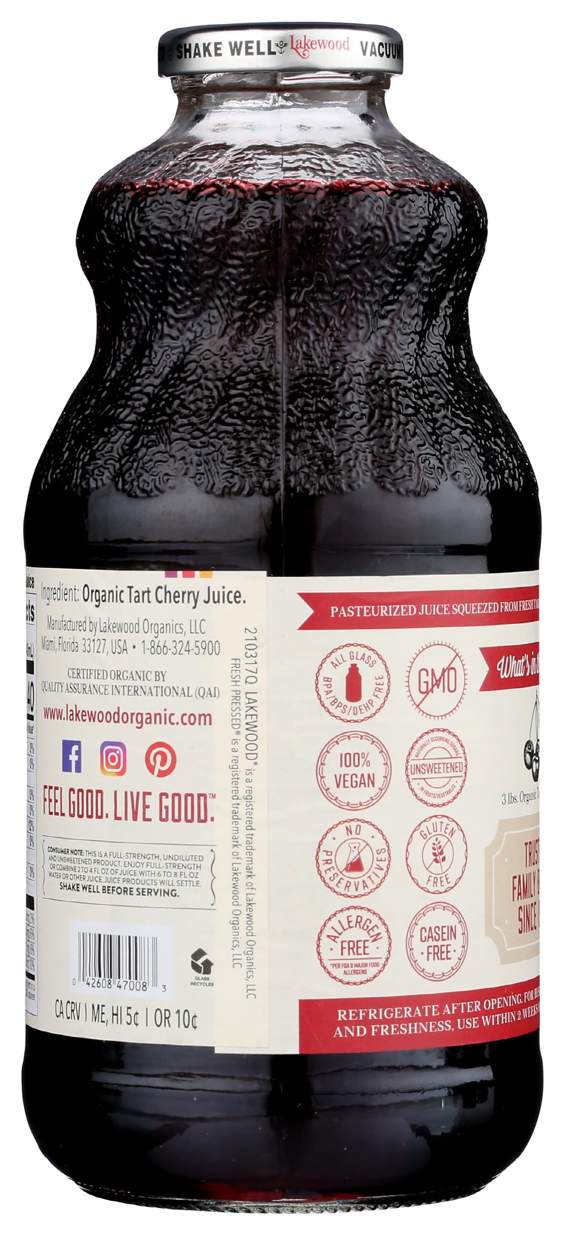 Lakewood Organic Pure Cherry Tart Juice poured into a glass for refreshing enjoyment.
