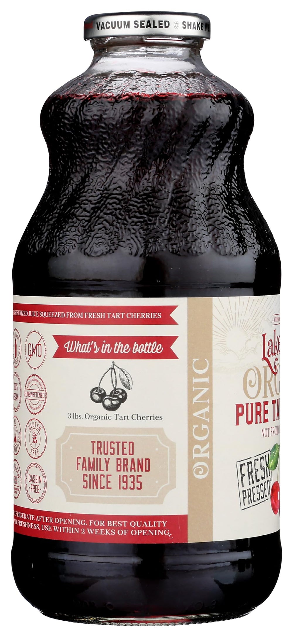 Lakewood Organic Pure Cherry Tart Juice ingredients panel showing simple fruit base.