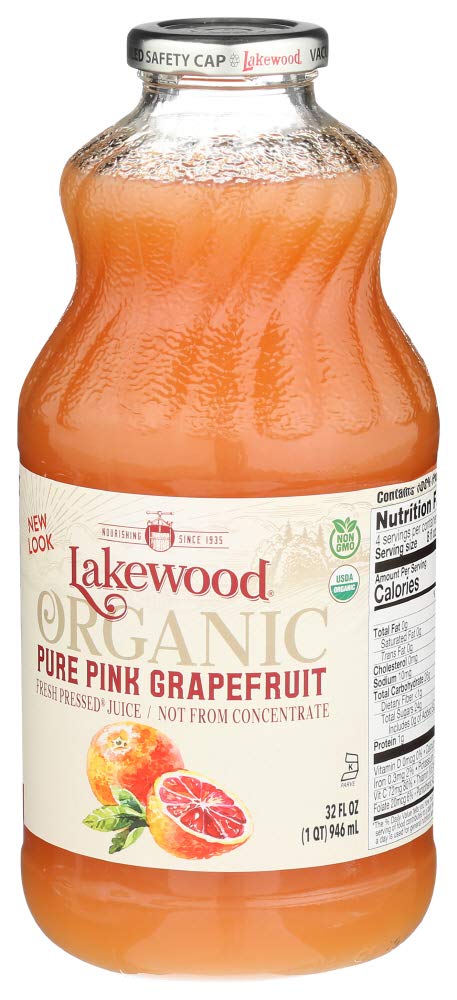 Close-up of Lakewood Organic Cherry Tart Juice label emphasizing organic sourcing.