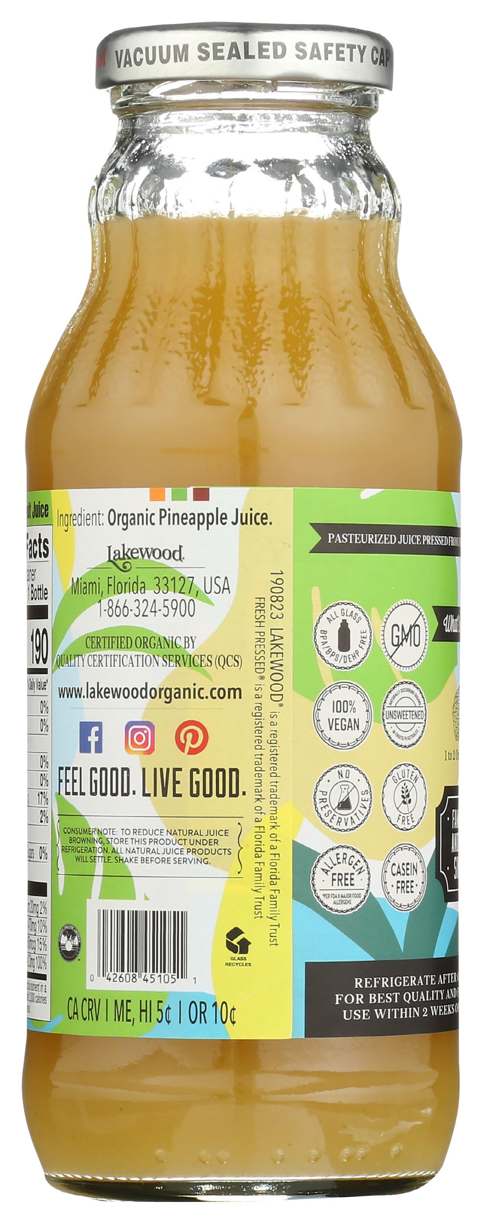 Lakewood Pineapple juice bottle pour shows fresh, unsweetened juice ideal for smoothies