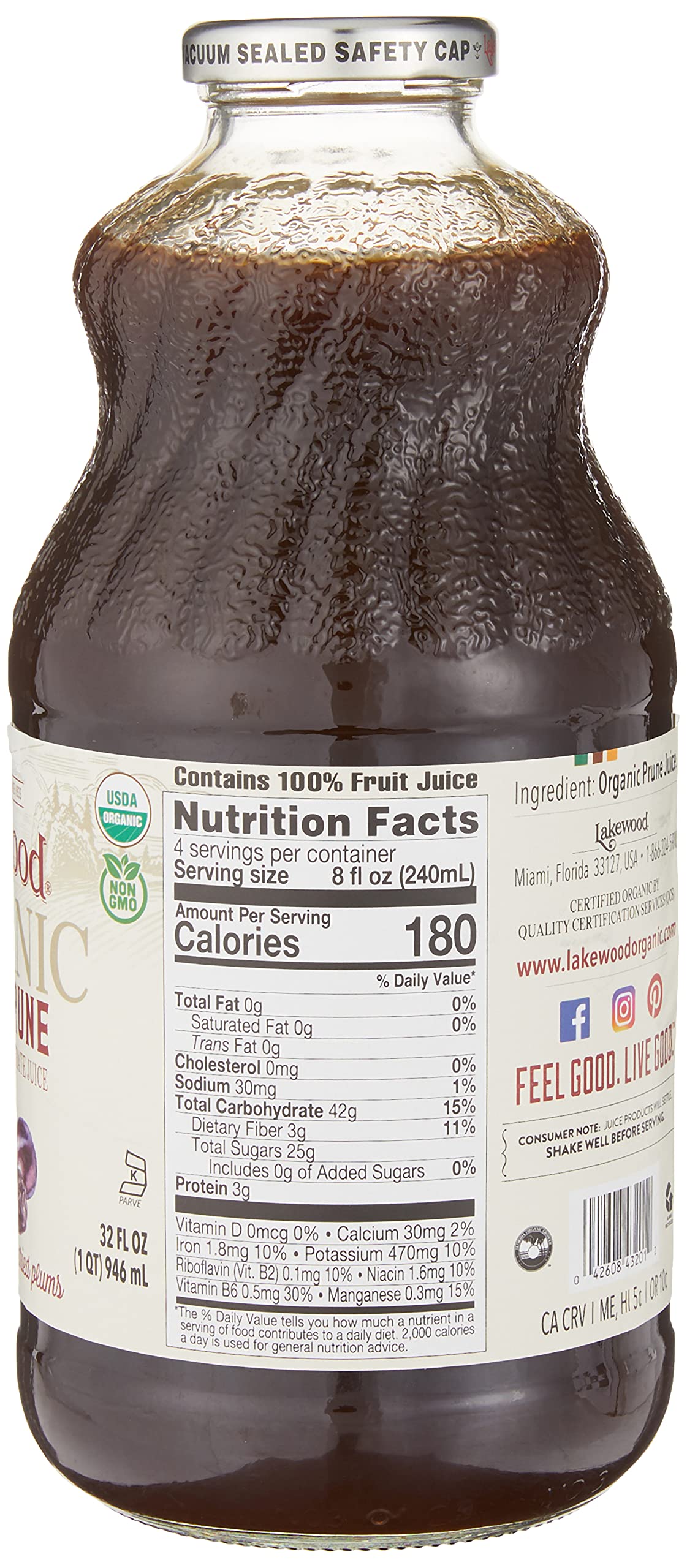 Lakewood prune juice bottle pour shows smooth, no sugar added taste