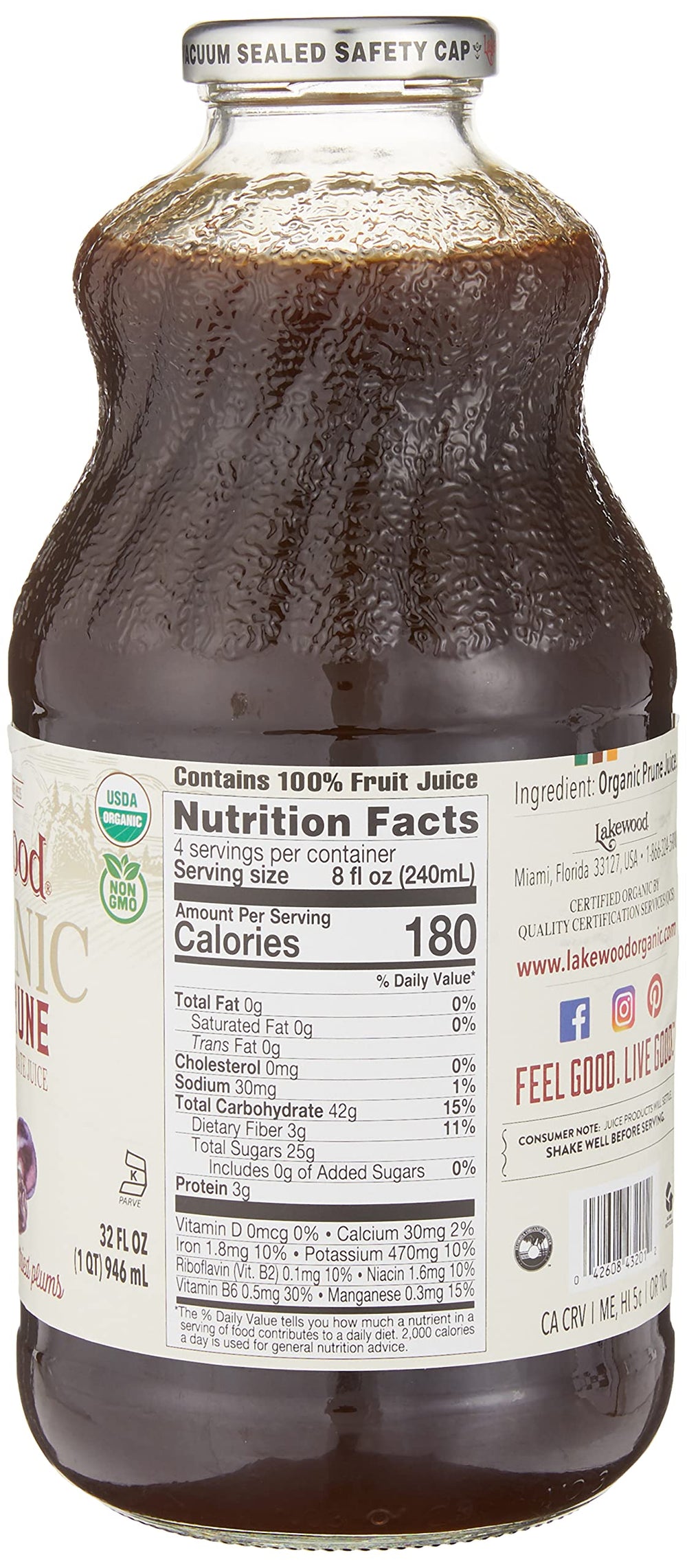 Lakewood prune juice bottle pour shows smooth, no sugar added taste