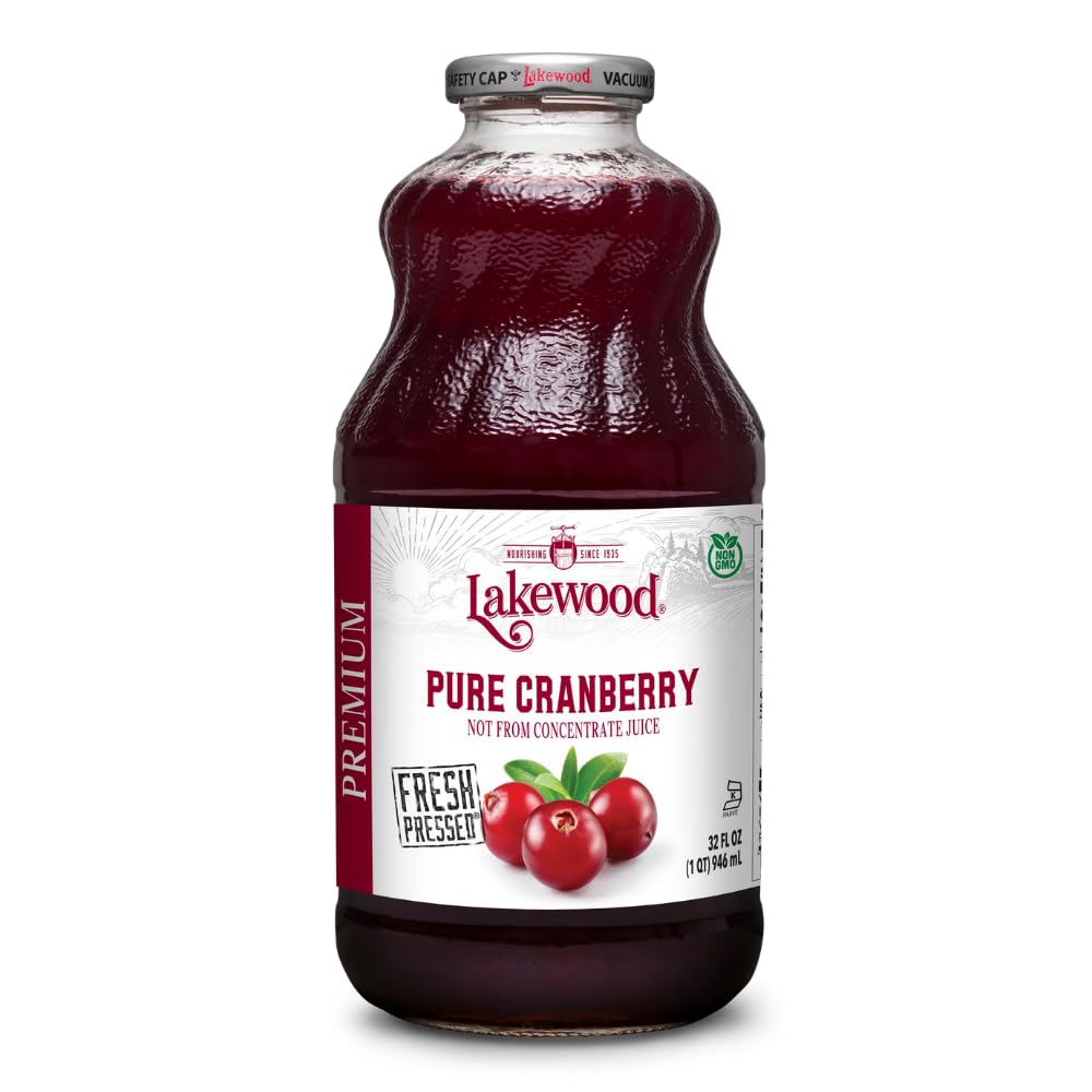 Lakewood Pure Cranberry Juice 32oz bottle showing unsweetened, non-concentrate juice
