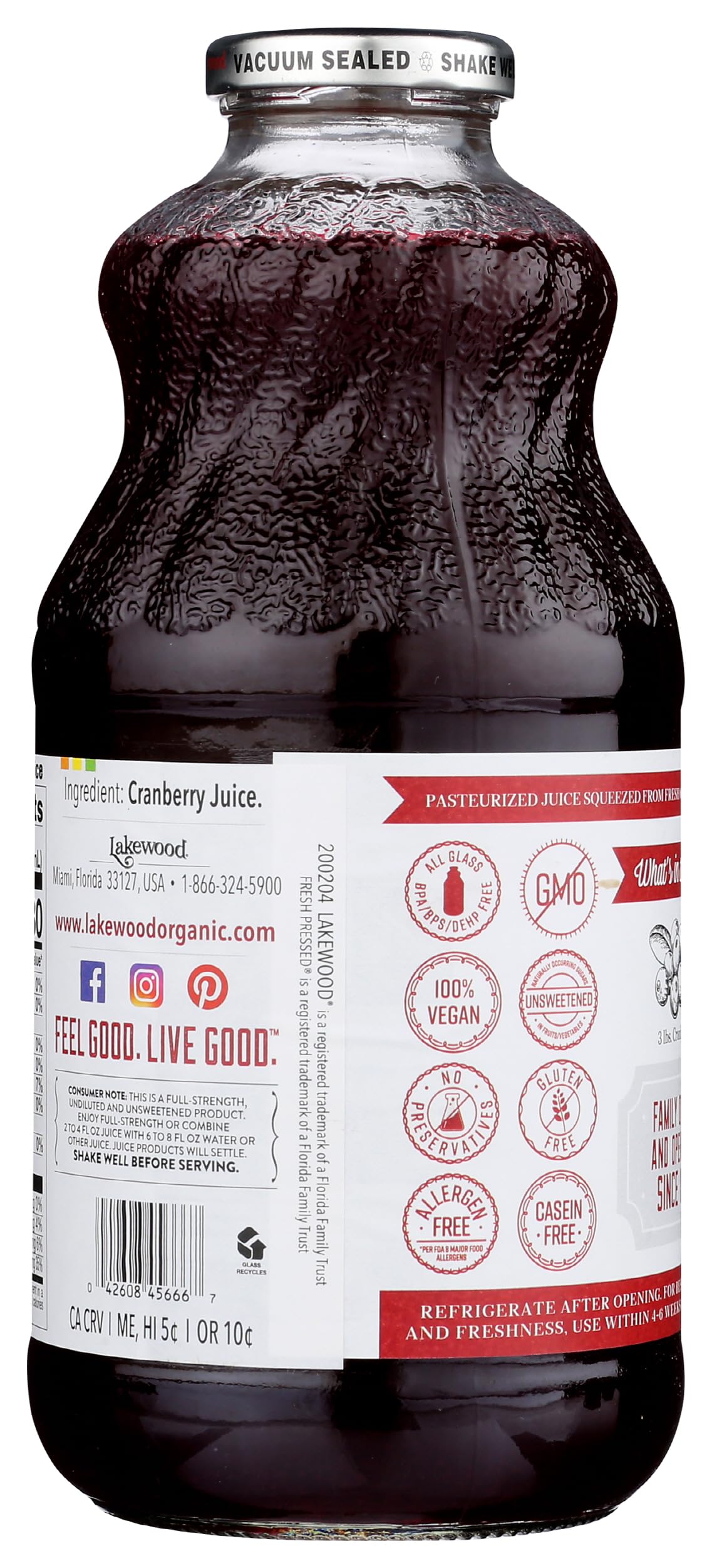 Lakewood Pure Cranberry Juice glass bottle close-up highlighting glass packaging