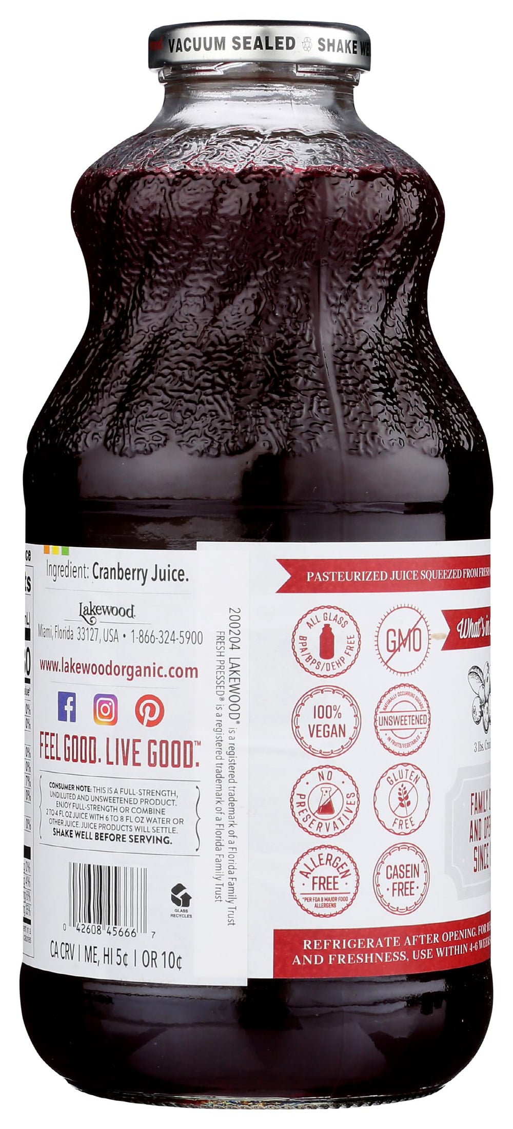 Lakewood Pure Cranberry Juice glass bottle close-up highlighting glass packaging