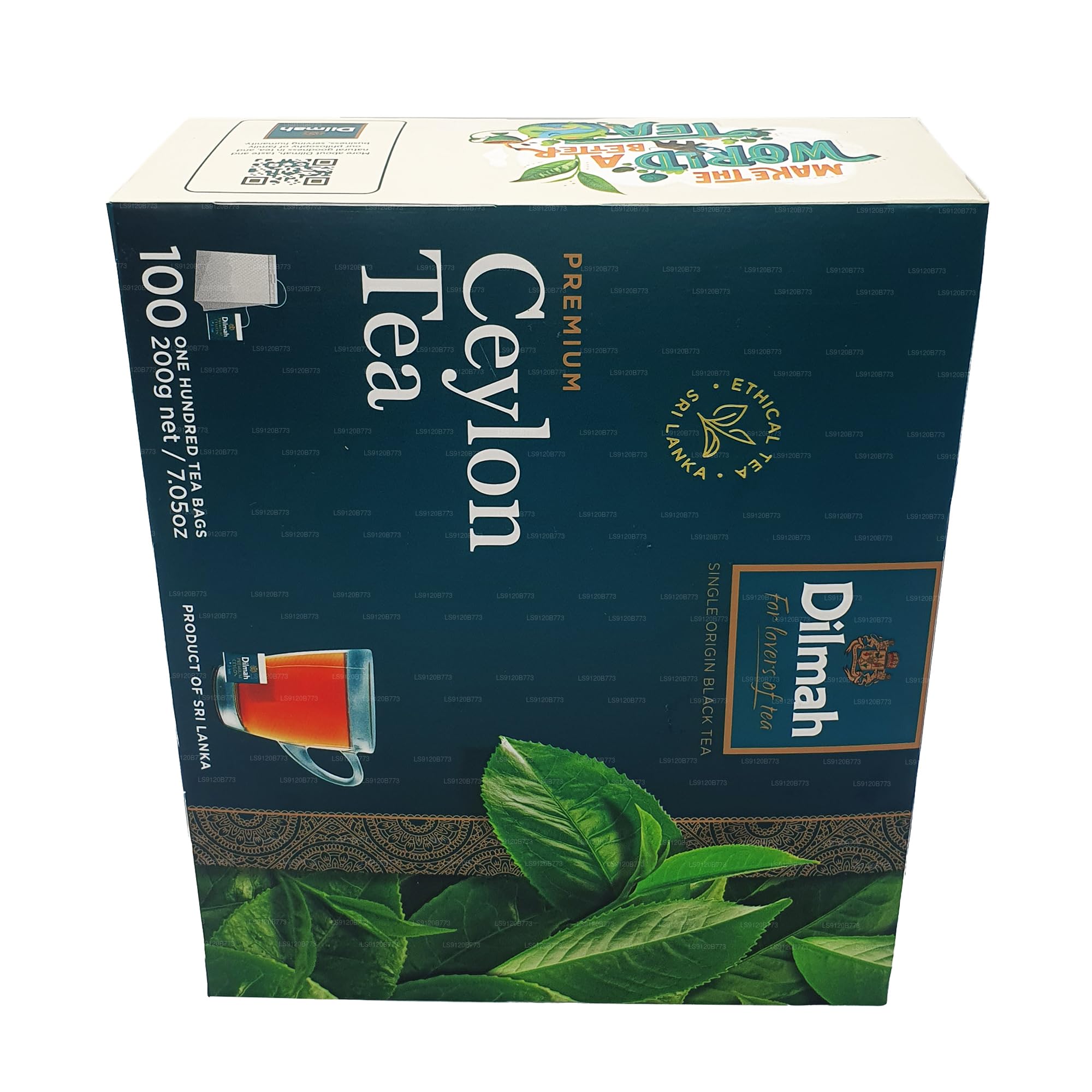 Close-up of a 2g Dilmah tea bag ready for brewing.