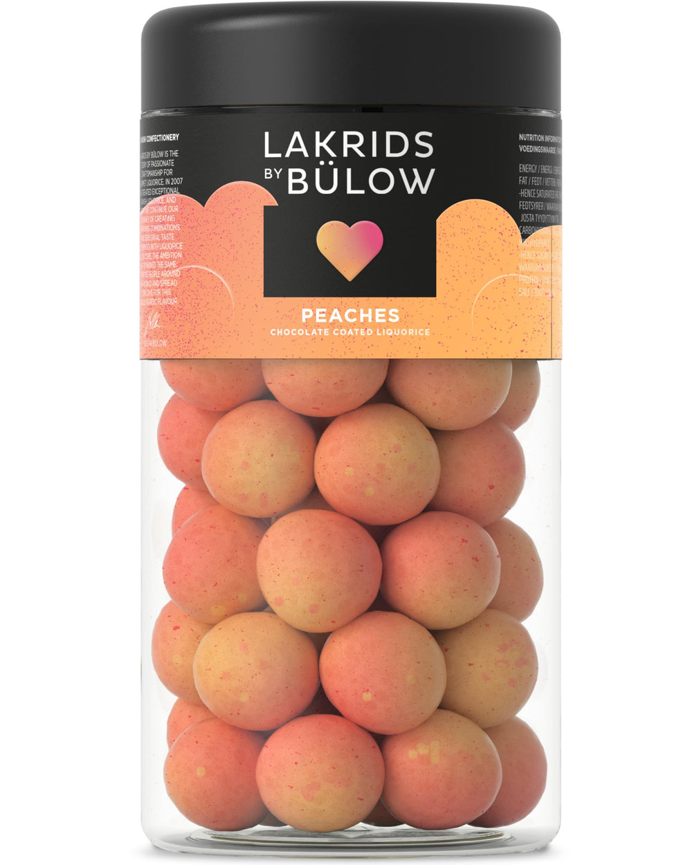 LAKRIDS BY BULOW Peaches jar front view showing premium gift packaging and product name