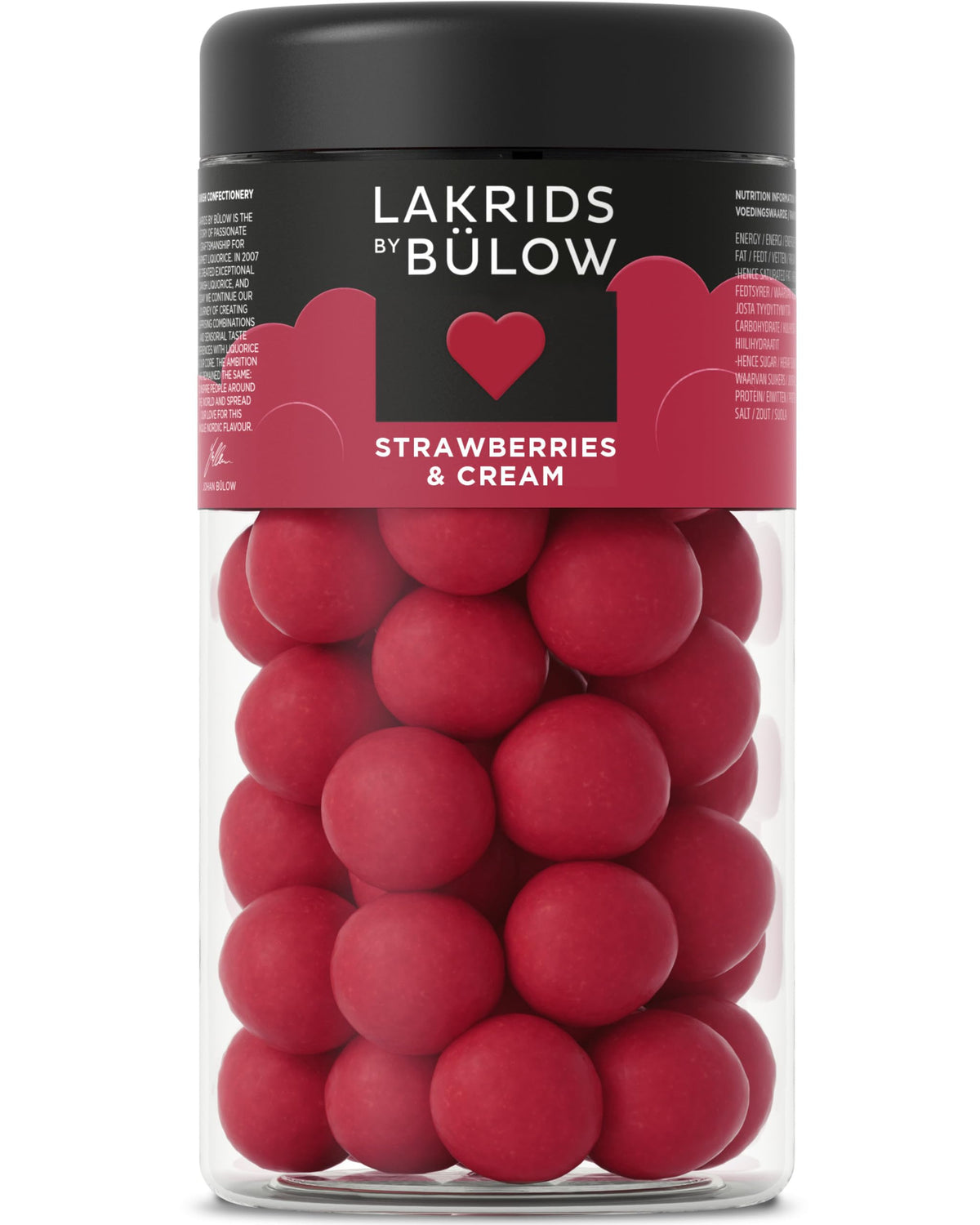 LAKRIDS BY BULOW Strawberries and Cream jar front, sharing-ready chocolate-coated licorice.