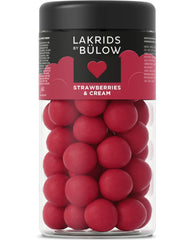 LAKRIDS BY BULOW Strawberries and Cream jar front, sharing-ready chocolate-coated licorice.