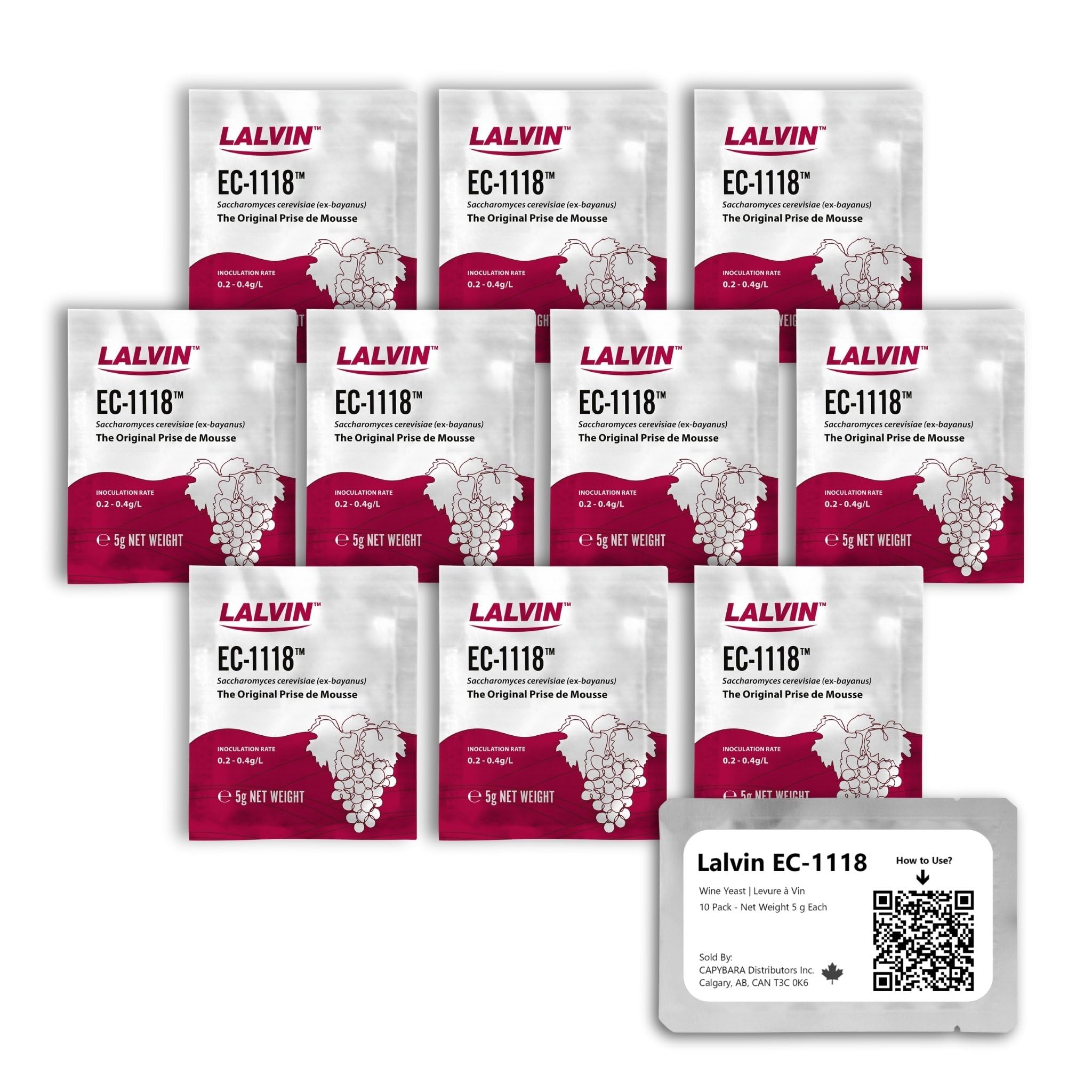 Lalvin EC-1118 10-pack sachets for versatile wine fermentation and sparkling base potential.