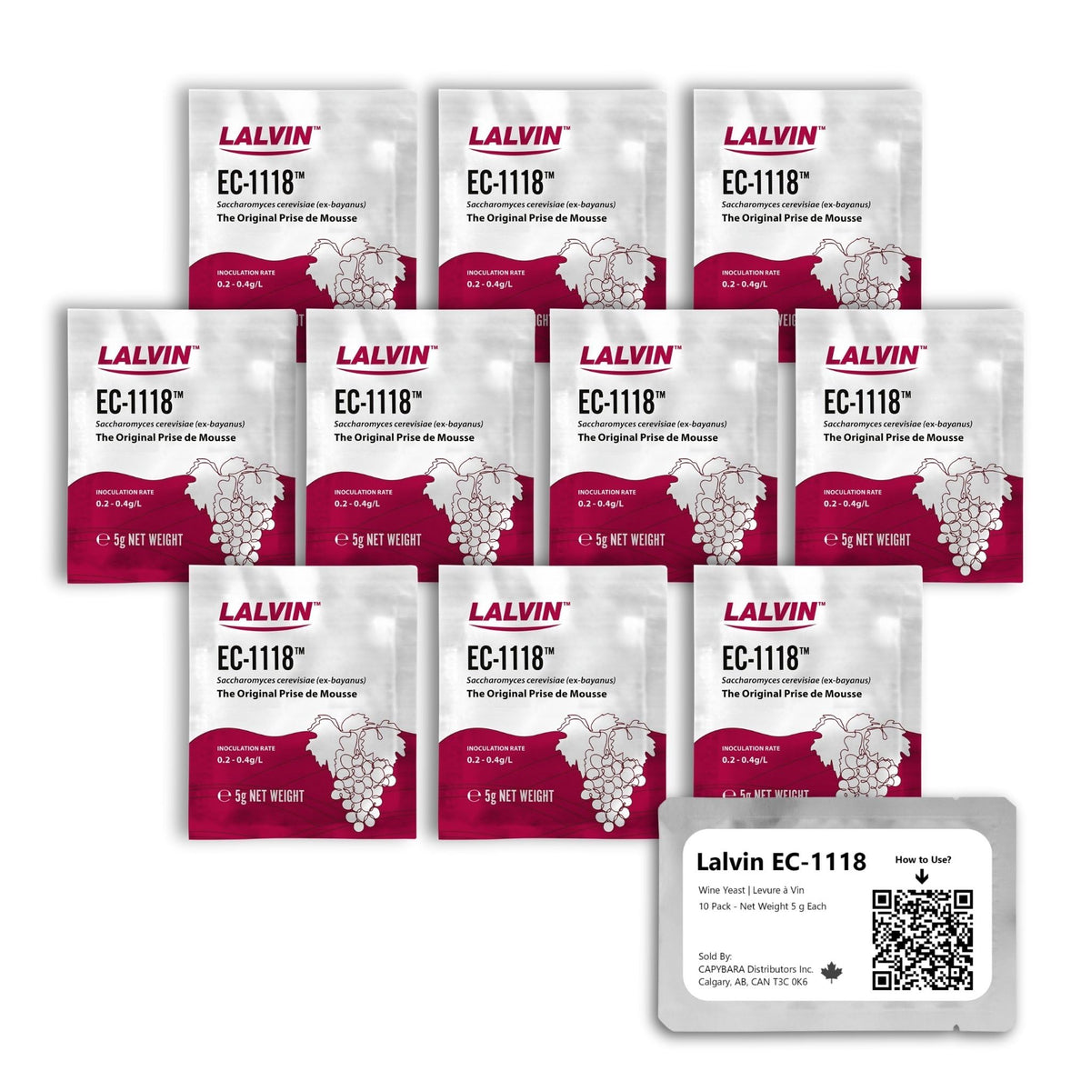 Lalvin EC-1118 10-pack sachets for versatile wine fermentation and sparkling base potential.