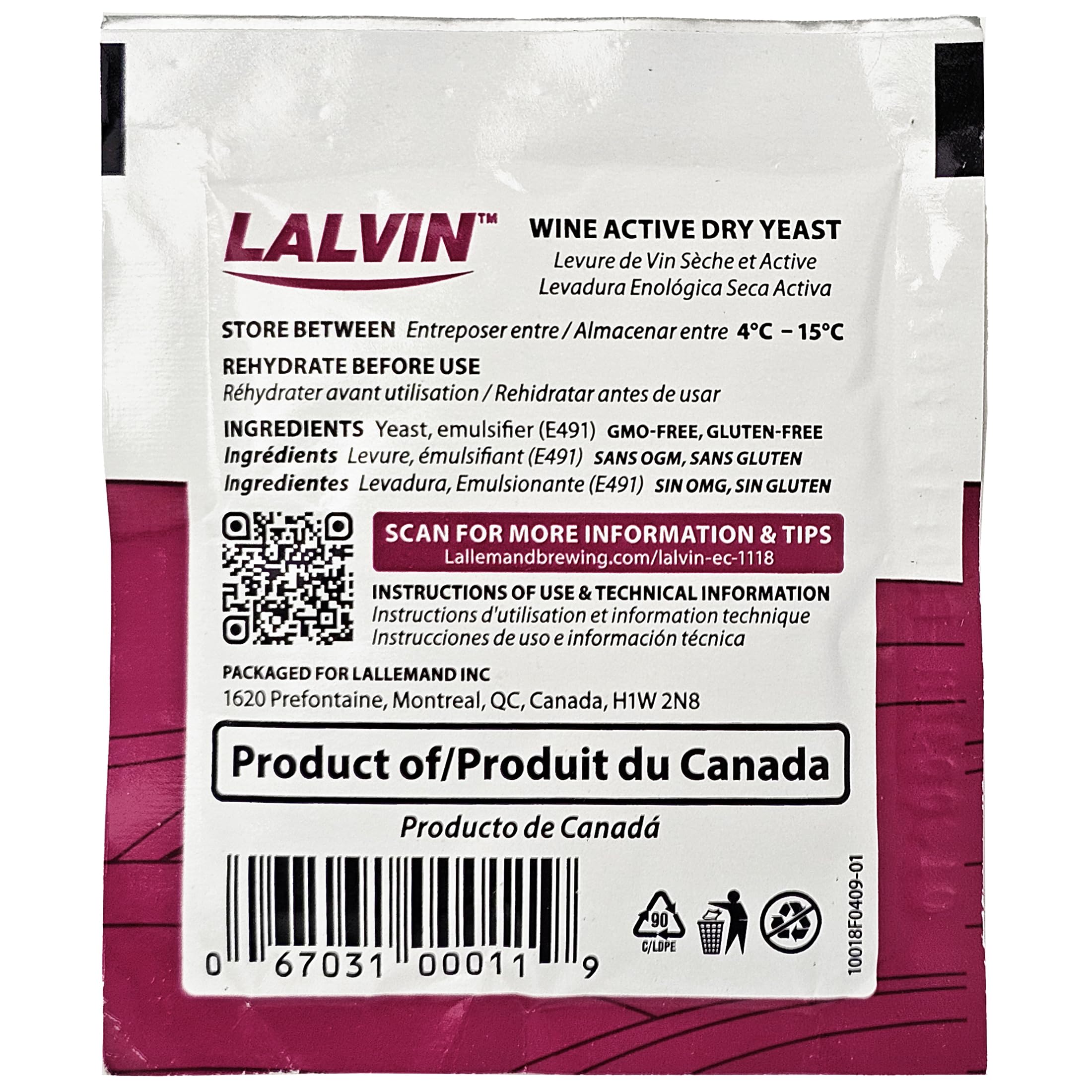 Lalvin EC-1118 pack back with notes for consistent fermentation performance.