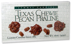 Lammes Candies Texas Chewie Pecan Praline box, rich caramel and pecans for gifting.