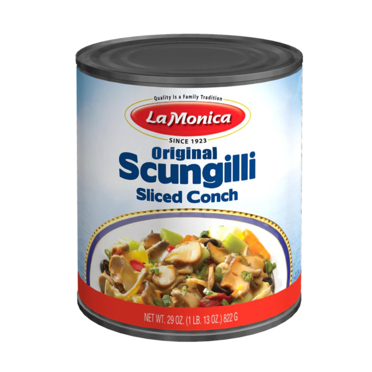 La Monica Scungilli slices in can—ready-to-eat for quick salads.