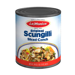 La Monica Scungilli slices in can—ready-to-eat for quick salads.