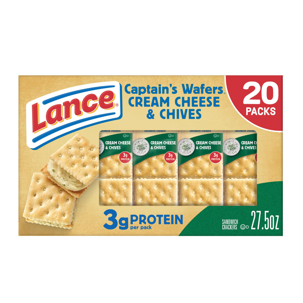 Lance Captain's Wafers pack showing creamy cream cheese and chives filling for on-the-go snacking.