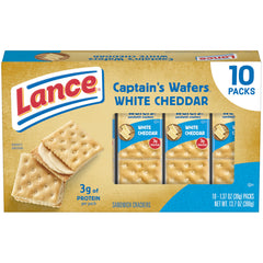 Lance Captain's Wafers White Cheddar crackers box front, ideal for quick lunches.