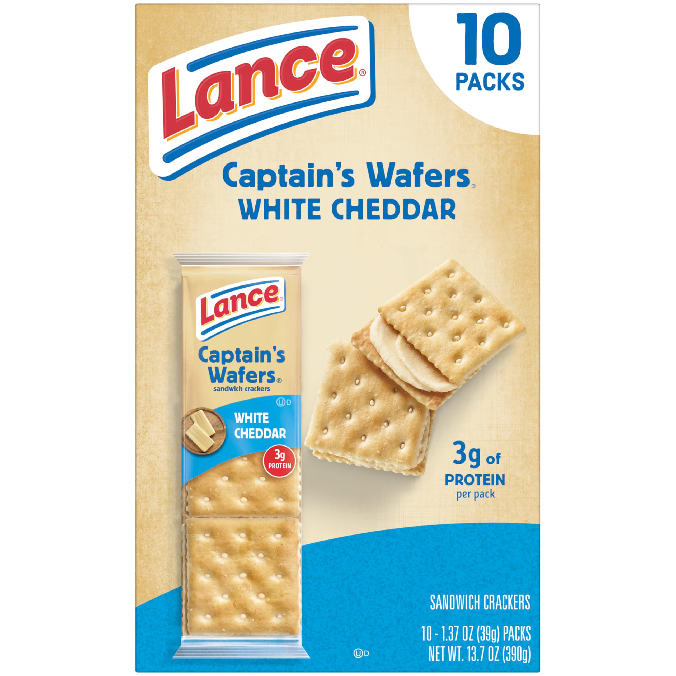 Lance Captain's Wafers White Cheddar crackers closeup sandwich, real cheese filling visible.