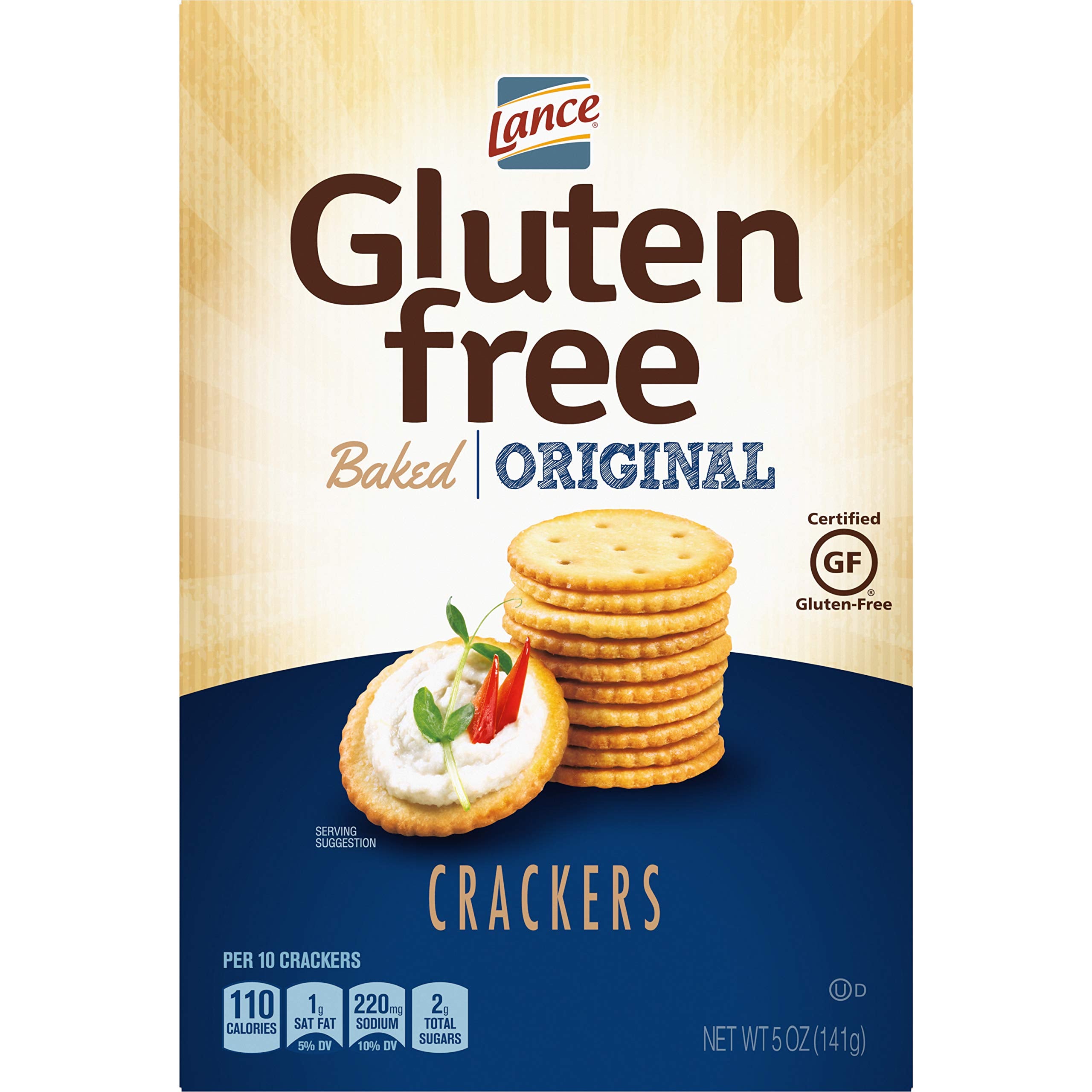 Lance Gluten Free Crackers Original Baked box shows crispy, buttery texture for snacking.