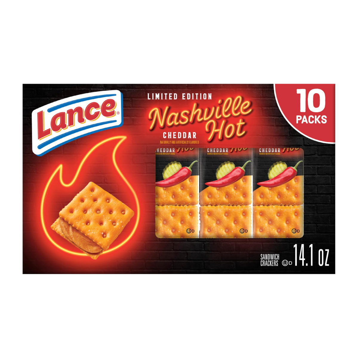Lance Nashville Hot Cheddar Sandwich Crackers pack for on-the-go snacking.