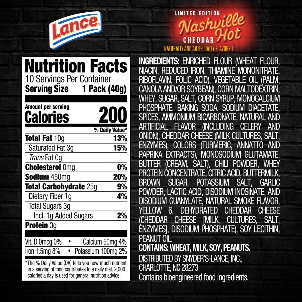 Lance Nashville Hot Cheddar Sandwich Crackers, six crackers per pack for convenient portions.