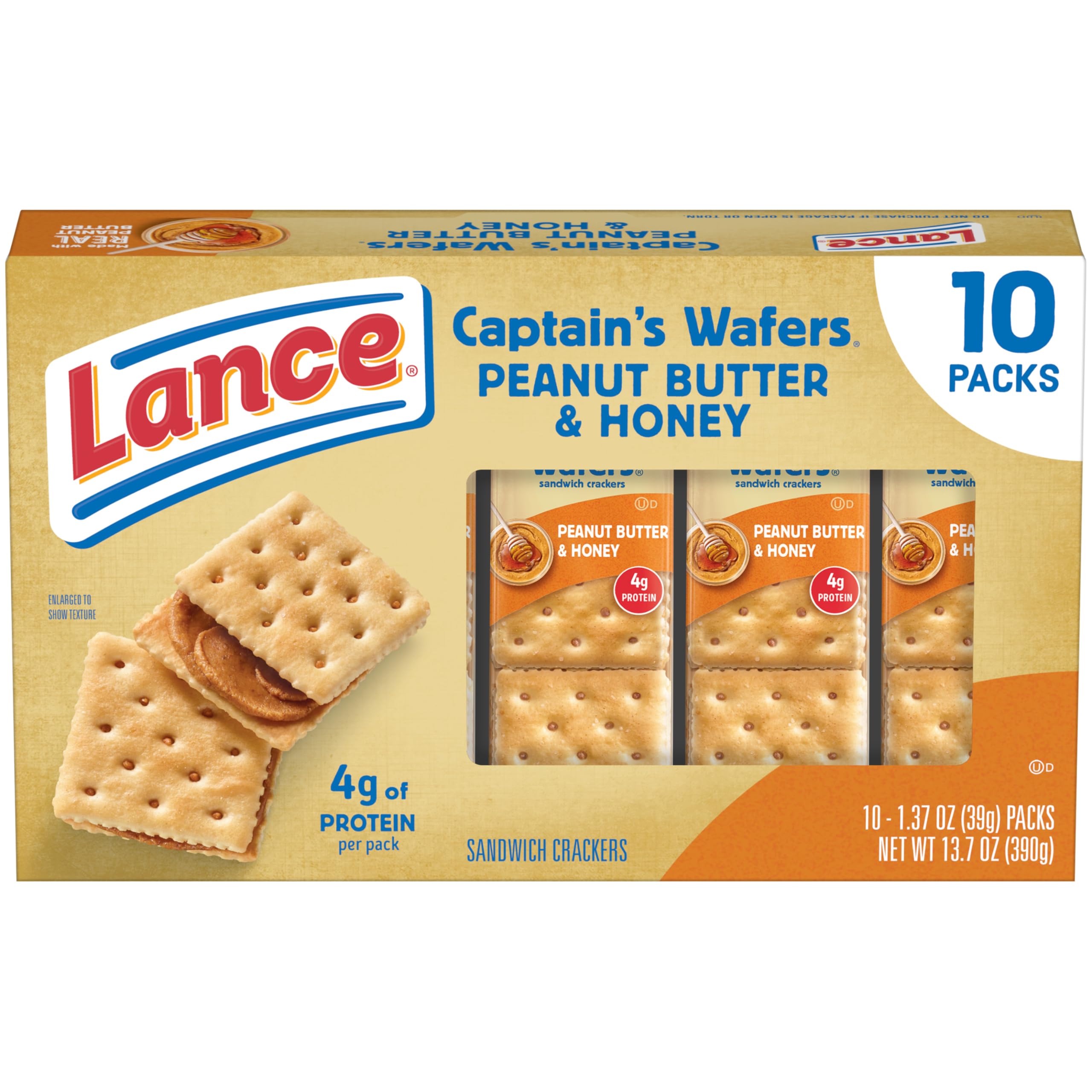 Lance Captain's Wafers packaging showing peanut butter and honey flavor for on-the-go snacking