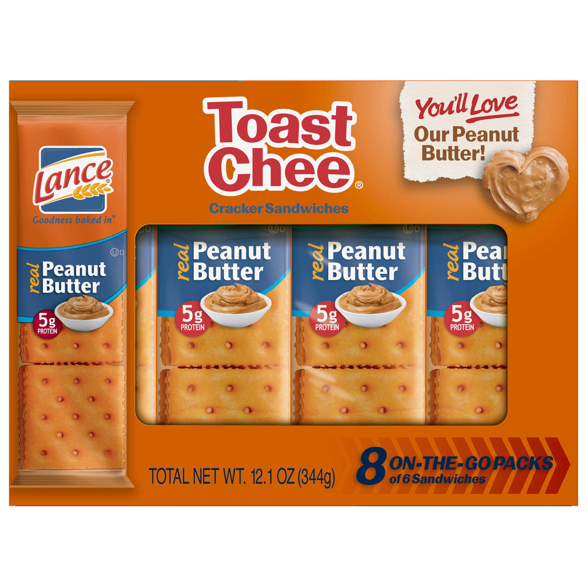 Lance Toast Chee Crackers 8-pack tray shows a convenient snack option with real peanut butter