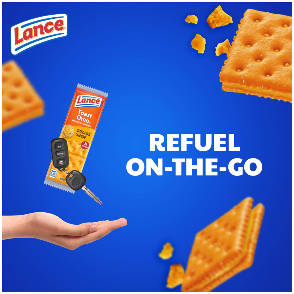 Lance ToastChee crackers packaging highlights ten packs for sharing.