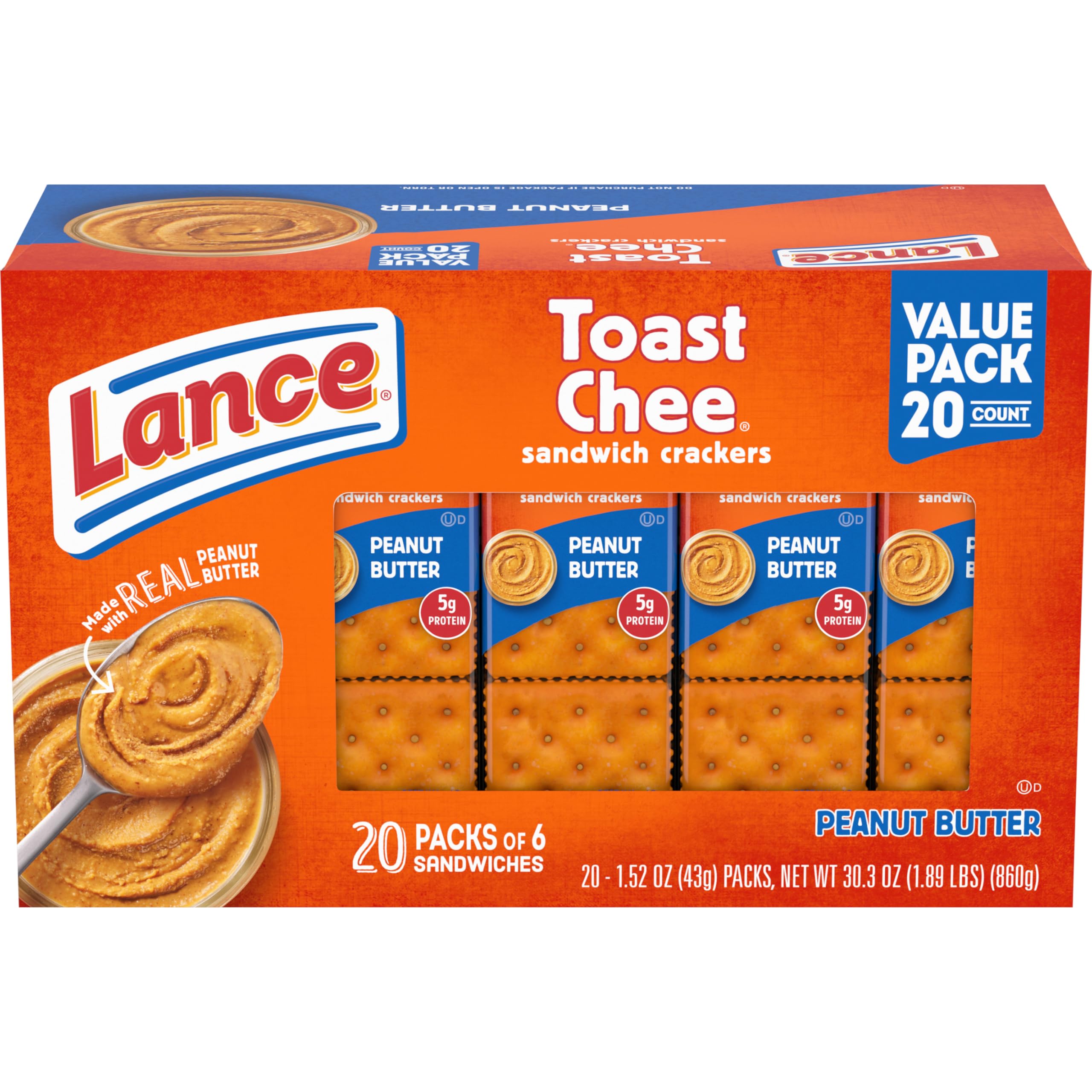 Lance ToastChee Peanut Butter crackers in a pack view, ideal for lunch breaks