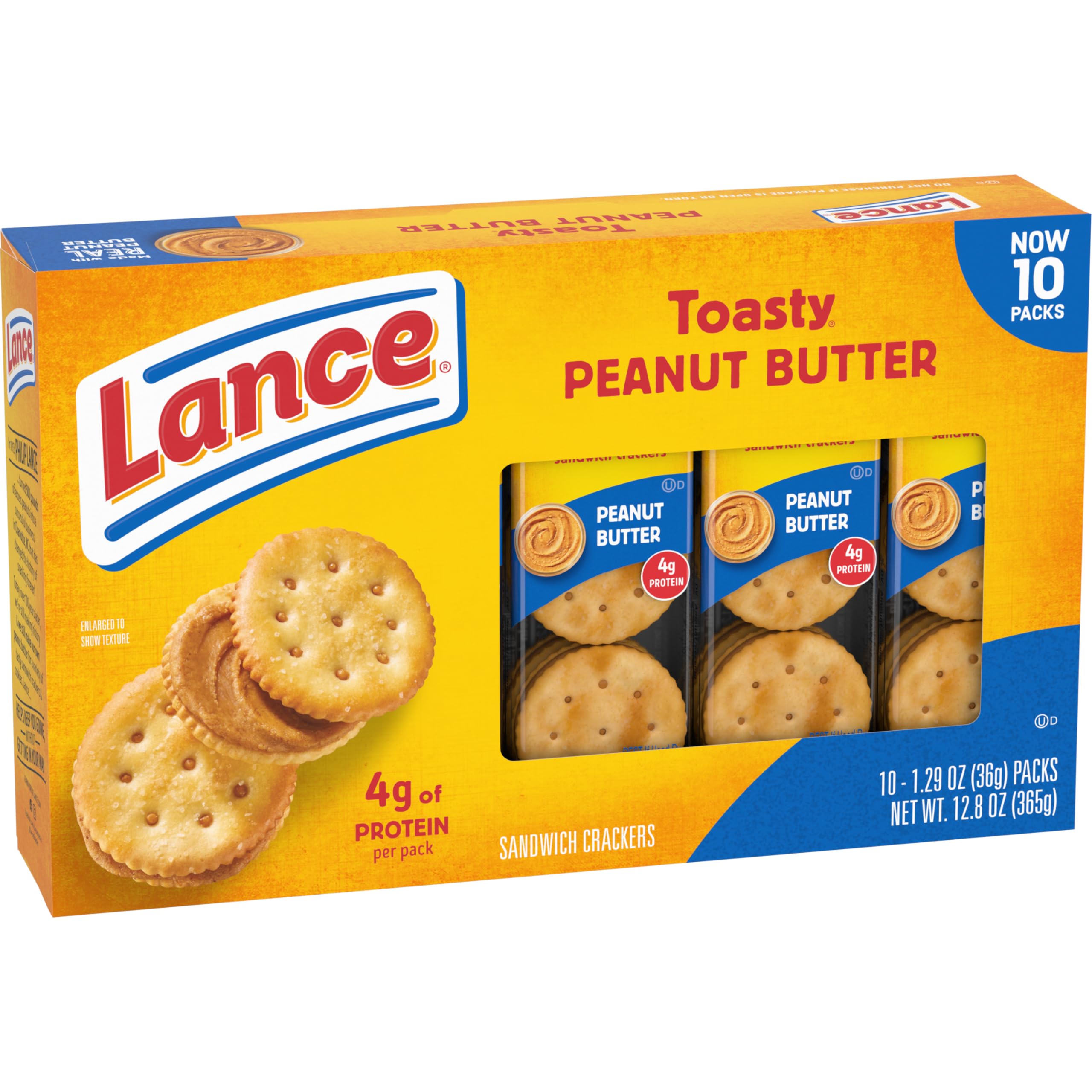 Back panel highlights 4 g protein per serving on Lance Toasty Peanut Butter Crackers.