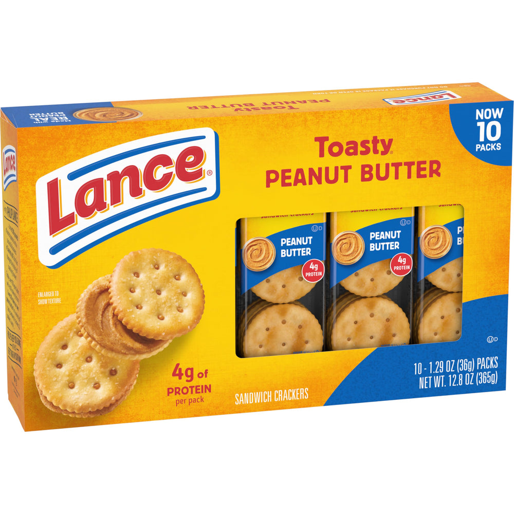 Back panel highlights 4 g protein per serving on Lance Toasty Peanut Butter Crackers.