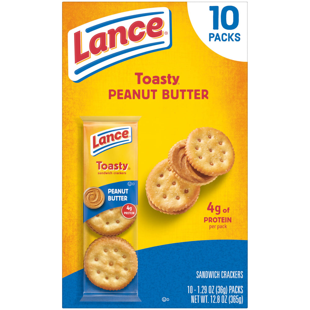 Front view of Lance snack pack showing six sandwich crackers per sleeve.