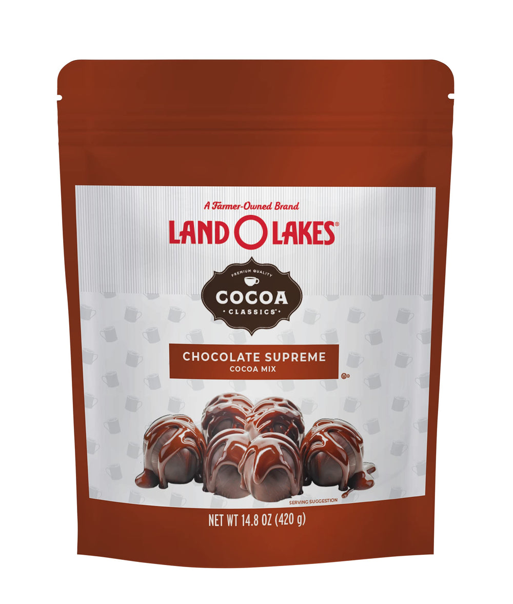 Land O Lakes Cocoa Classics Chocolate Supreme pouch on kitchen counter, ready to mix cocoa