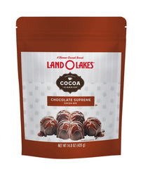 Land O Lakes Cocoa Classics Chocolate Supreme pouch on kitchen counter, ready to mix cocoa