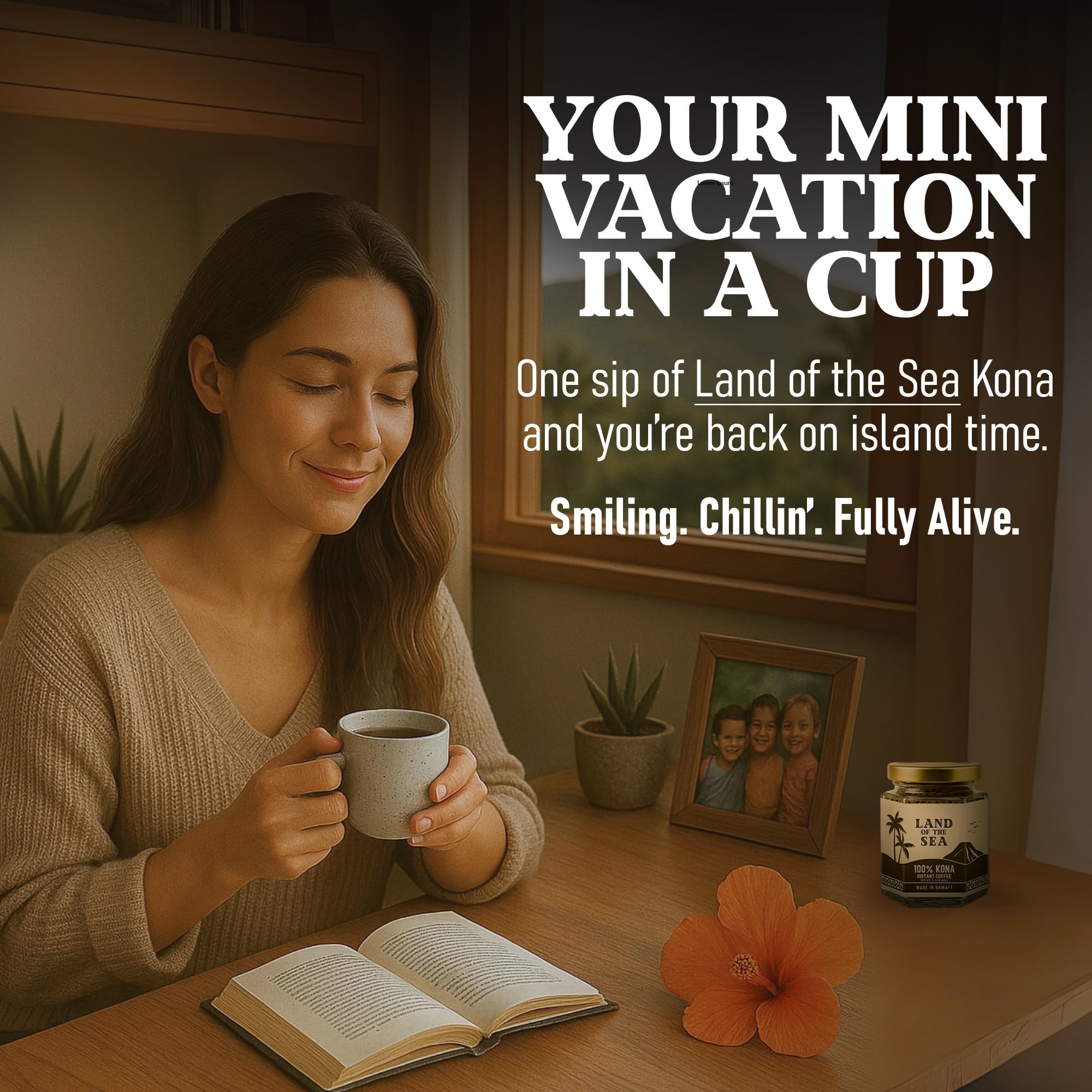 Aromatic steam rising from Land of the Sea Kona Instant cup.