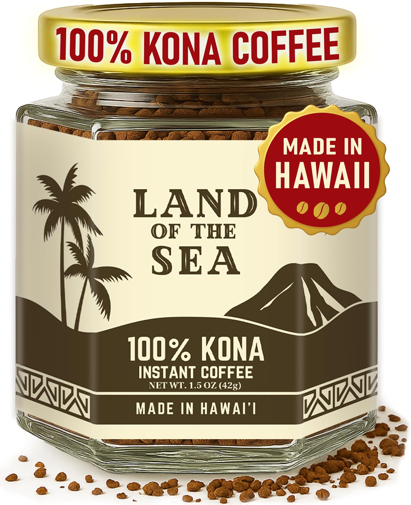 Land of the Sea Kona Instant coffee jar front view for a quick café-quality cup.