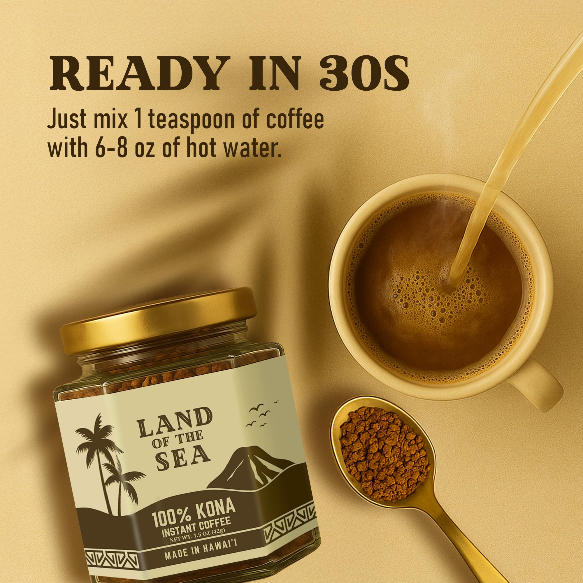 Steaming cup of Land of the Sea Kona Instant with smooth, low-acid flavor.